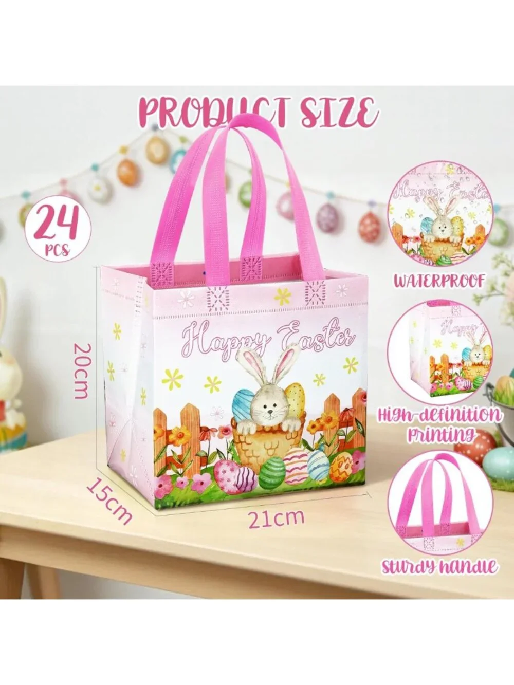 24 Pack Large Easter Gift Bags with Handles - Reusable Egg Hunt Baskets & Party